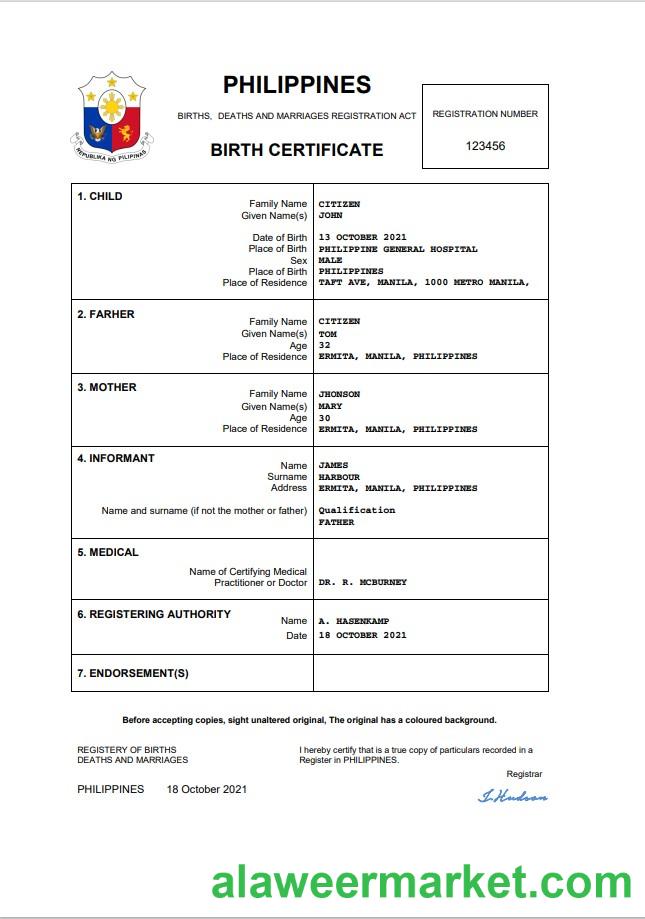 Philippines vital record birth certificate Word and PDF template